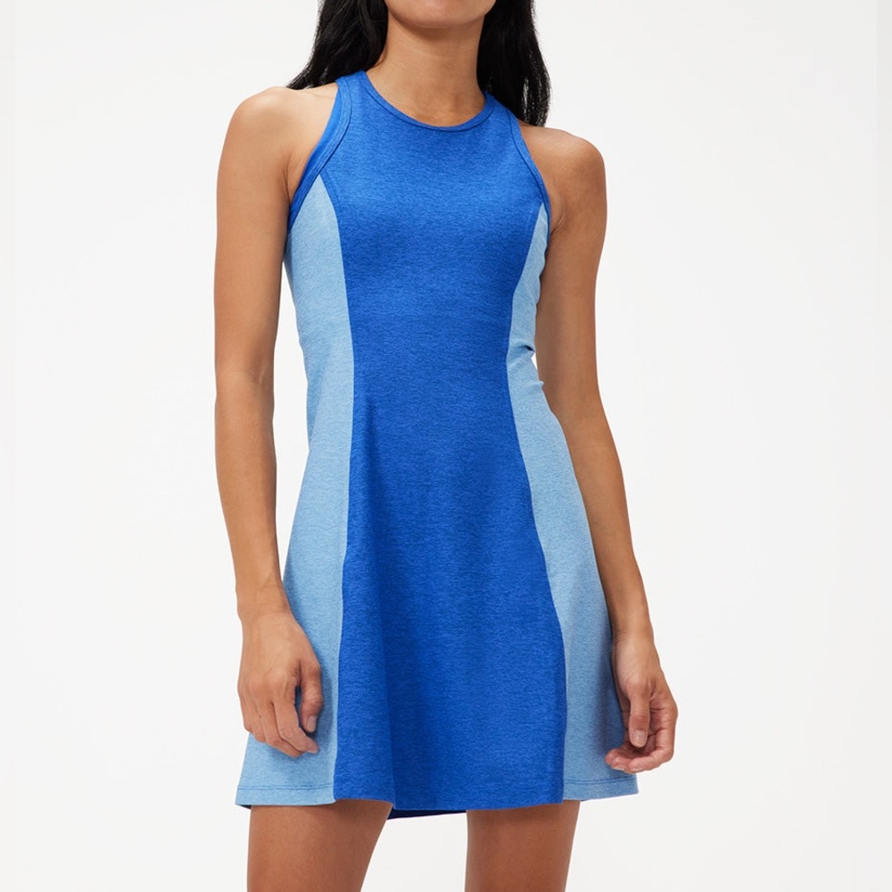 Outdoor Voices Athena Exercise Dress in 2 tone color block blue navy